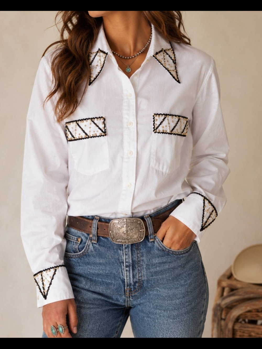 Vintage White Western Button Down Shirt Beaded Studded Embellished Long Sleeve 6